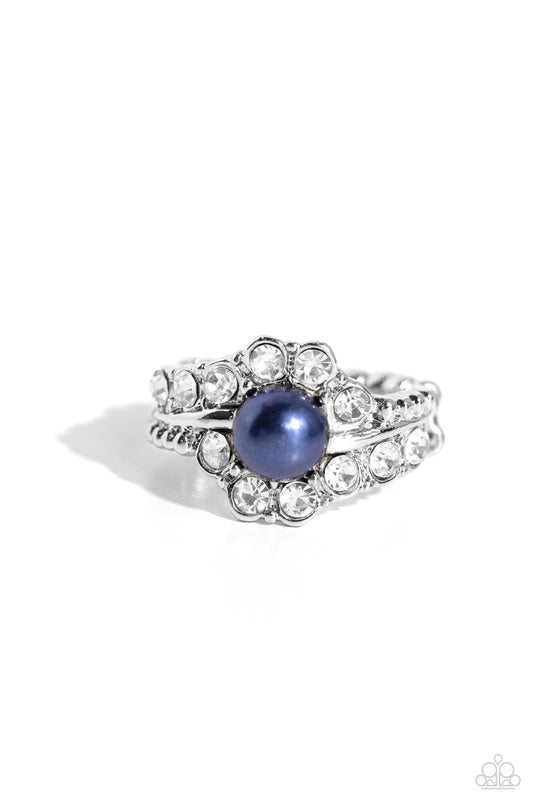 Titanic Tango - Blue Montana Pearl White Rhinestone Dainty Stretch Band Ring Paparazzi R0829