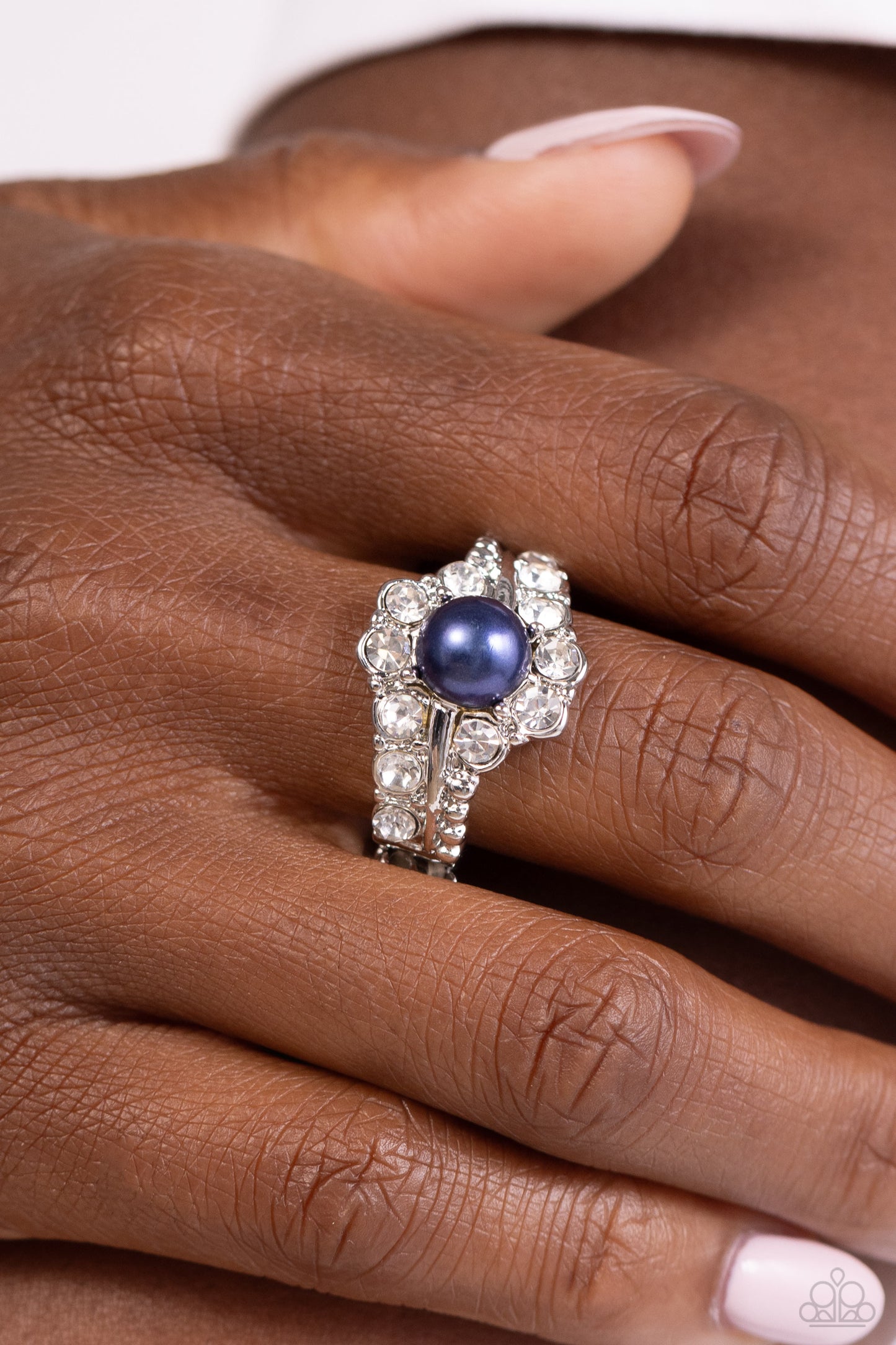 Titanic Tango - Blue Montana Pearl White Rhinestone Dainty Stretch Band Ring Paparazzi R0829