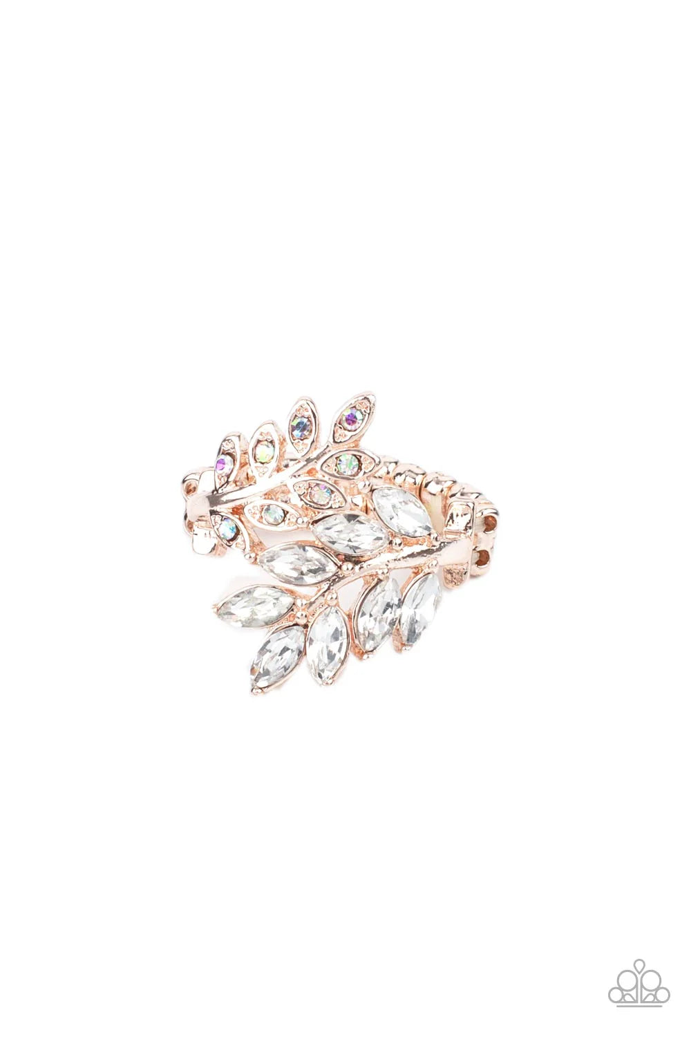 Paparazzi Glowing Gardenista - Rose Gold Iridescent & White Rhinestone Floral Ring R1242