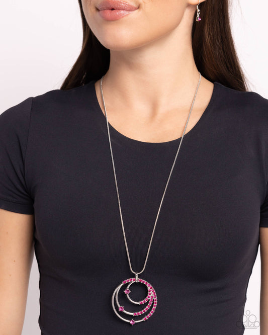Ecliptic Elegance - Pink Glittery Rhinestone Silver Pendant Long Necklace Paparazzi