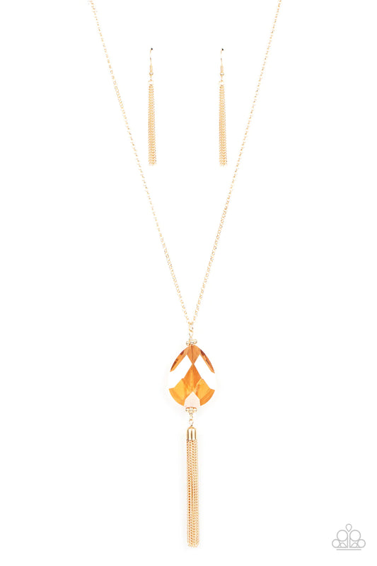 Interstellar Solstice Gold Iridescent Gem Tassel Necklace Paparazzi N1630
