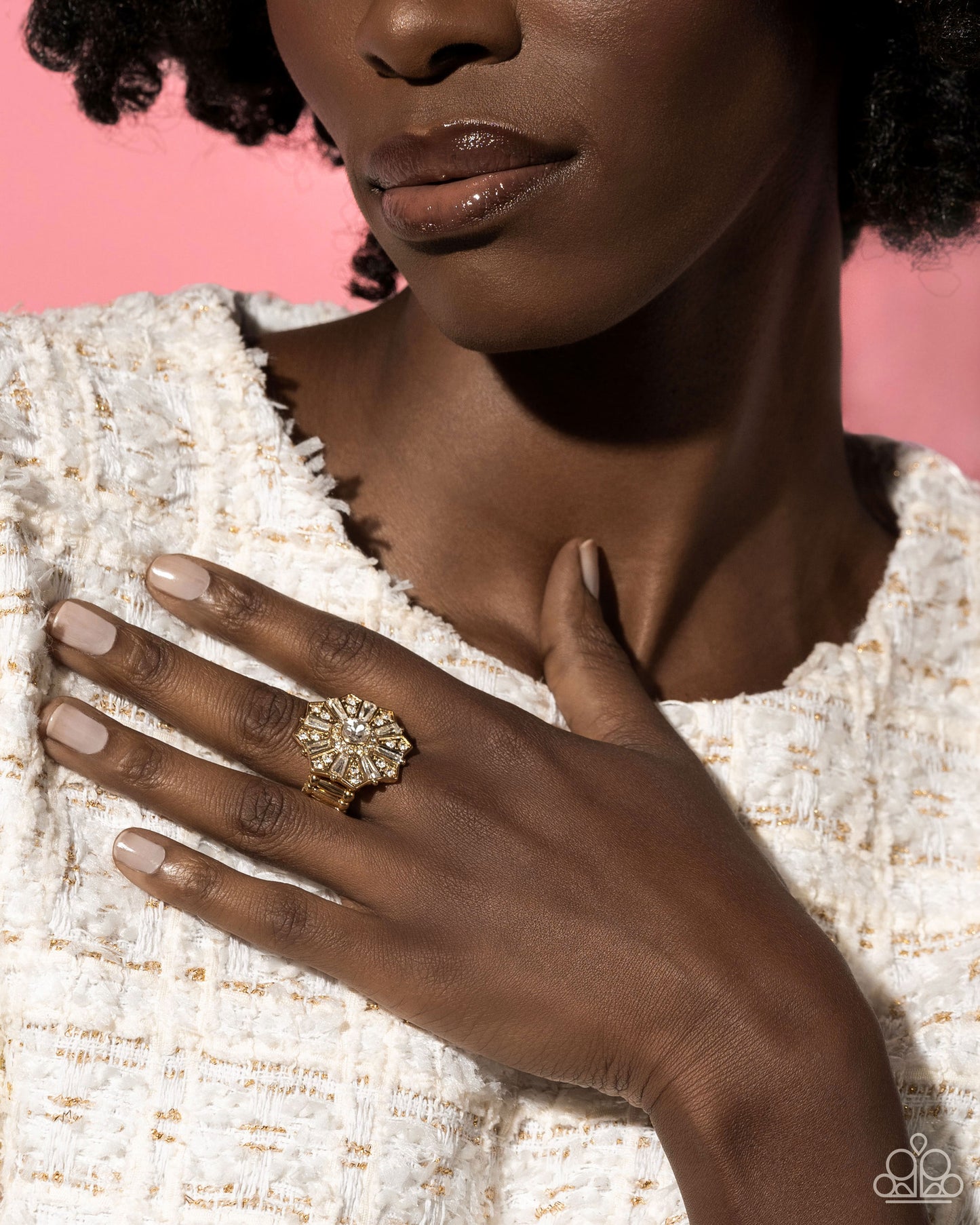 Sensational Splendor - Gold White Rhinestone Floral Ring Paparazzi R0856