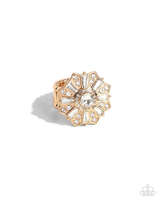 Sensational Splendor - Gold White Rhinestone Floral Ring Paparazzi R0856