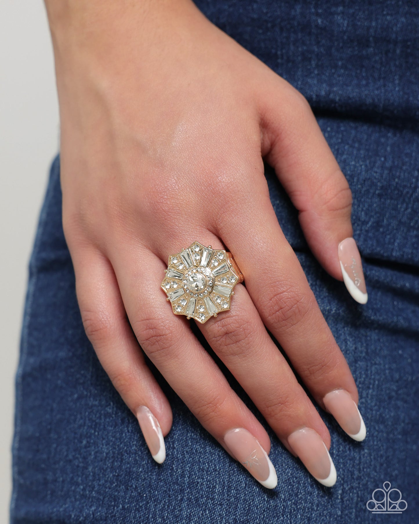 Sensational Splendor - Gold White Rhinestone Floral Ring Paparazzi R0856