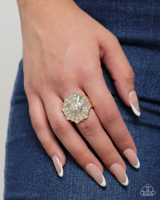 Sensational Splendor - Gold White Rhinestone Floral Ring Paparazzi R0856