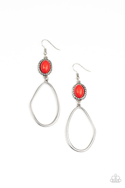 Adventurous Allure - Red Bead Silver Oval Frame Earring Paparazzi E2908