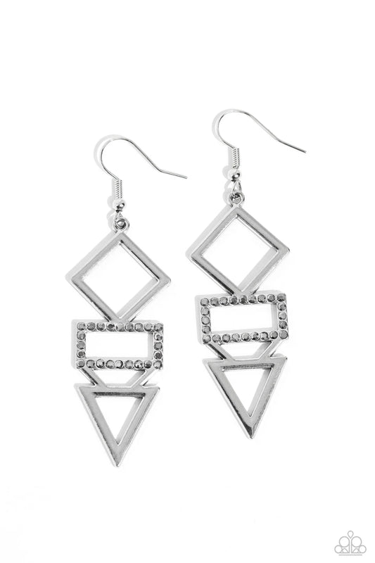Paparazzi Glamorously Geometric - Silver Smoky Rhinestone Earrings E3566