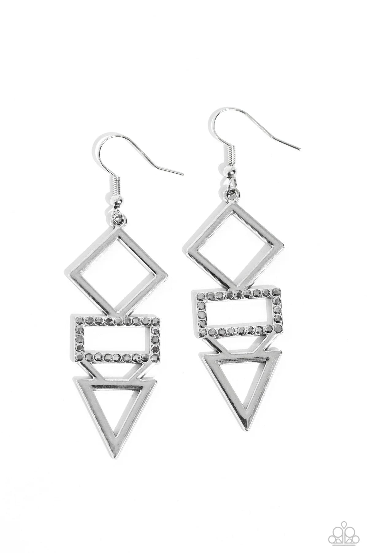 Paparazzi Glamorously Geometric - Silver Smoky Rhinestone Earrings E3566