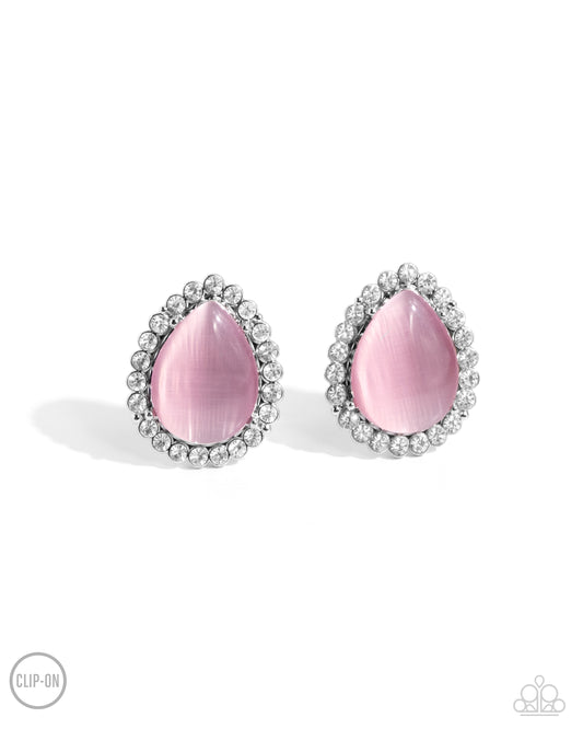 Downright Demure - Pink Cat's Eye Stone & White Rhinestone Clip-On Earring Paparazzi E2702