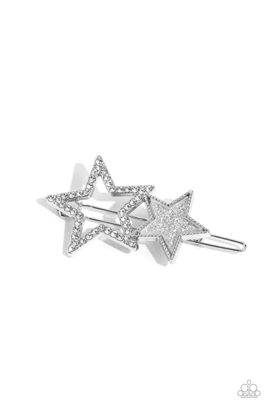 Stellar Shine Silver & White Rhinestone Shimmery Star Hair Clip Paparazzi H0152