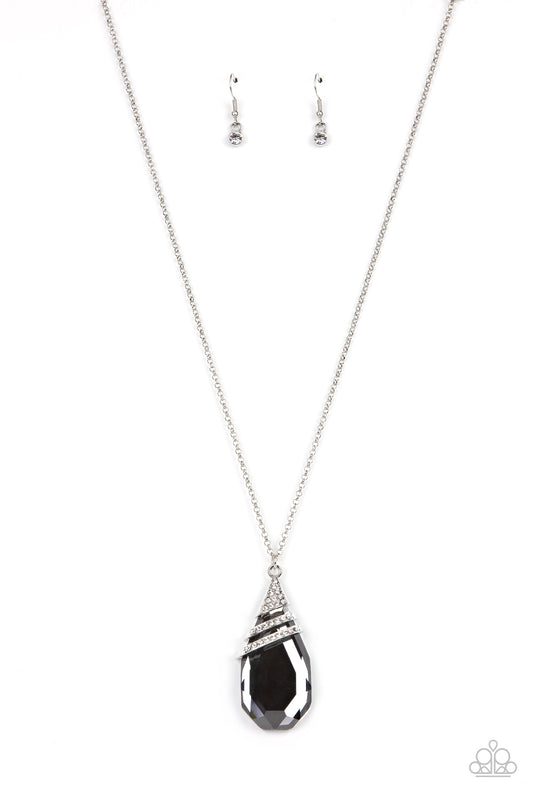 Demandingly Diva - Silver Smoky Teardrop & White Rhinestone Gem Long Necklace Paparazzi N3152