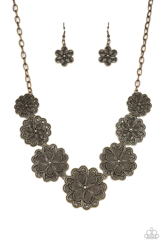 Basketful of Blossoms - Brass Metallic Wicker Pattern Flower Necklace Paparazzi N3205