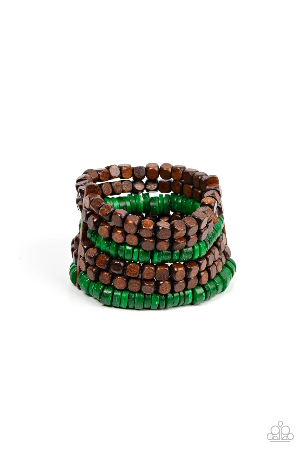 Paparazzi Fiji Fiesta - Green & Brown Wooden Stretch Bracelet B2686