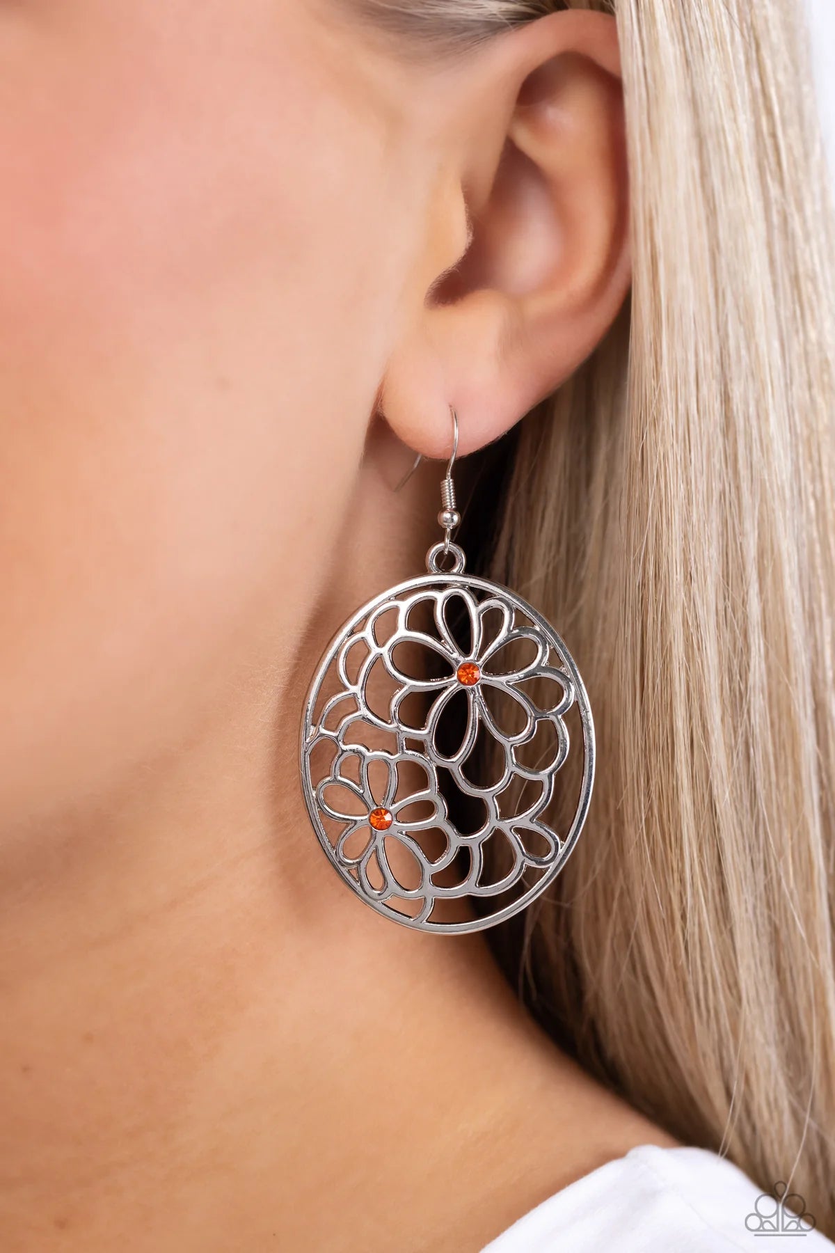 Meadow Maiden Orange Rhinestone Silver Flower Earring Paparazzi E2113