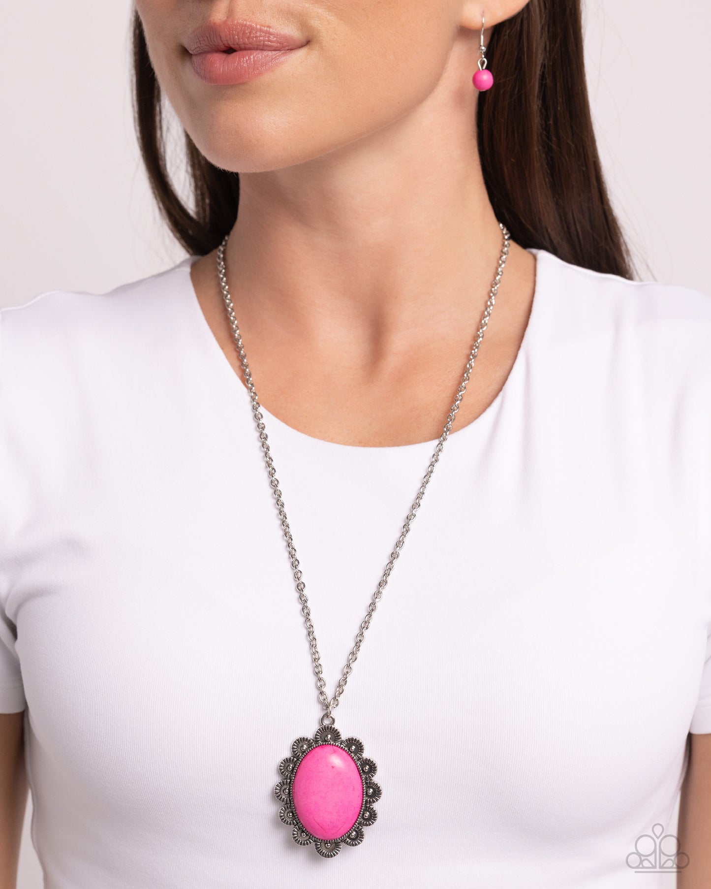 Daisy Dotted Deserts - Pink Stone Santa Fe Style Silver Necklace Paparazzi N2688