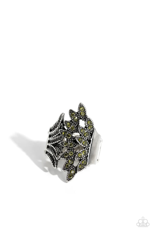 Fearlessly Feathered Green Rhinestone Silver Ring Paparazzi R1080