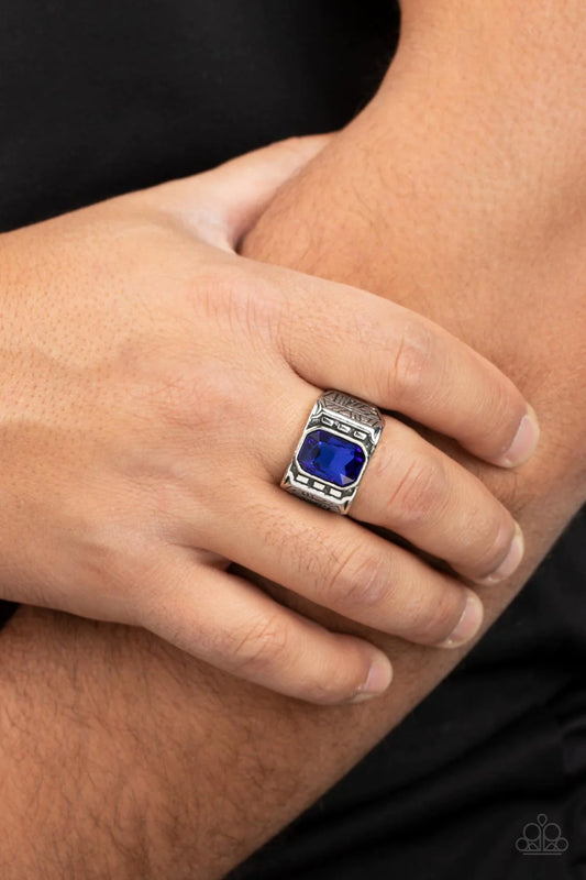 Metro Magnate Blue Emerald Cut Rhinestone Men's Ring Paparazzi R0651
