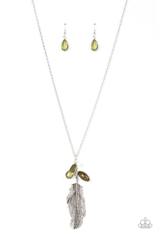 Off the FLOCK - Green Olive Branch, White Bead & Silver Feather Santa Fe Style Necklace Paparazzi N2847