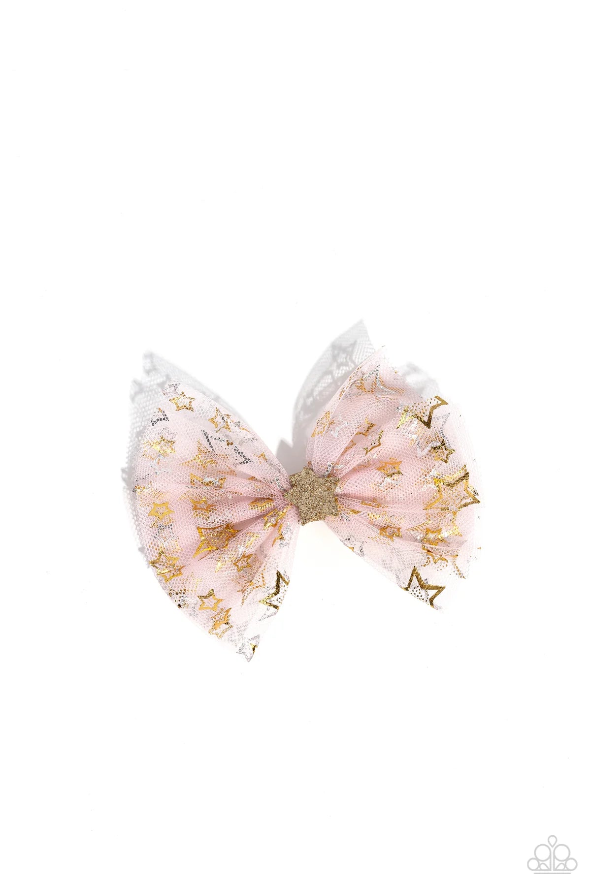 Have A Superstar Day Pink Pale Rosette Tulle & Glittery Gold Ribbon Bow Hair Clip Paparazzi H0147