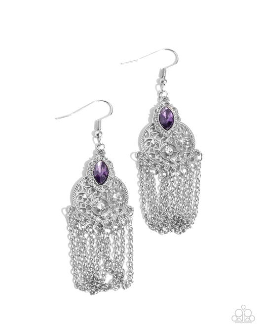 Pressed for CHIME - Purple Rhinestone Silver Filigree & Fringe Chain Earring Paparazzi E2963