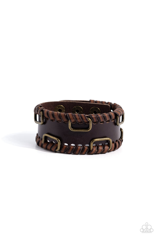 OUTLAW Enforcement - Brass & Brown Leather Urban Snap Bracelet Paparazzi B2079