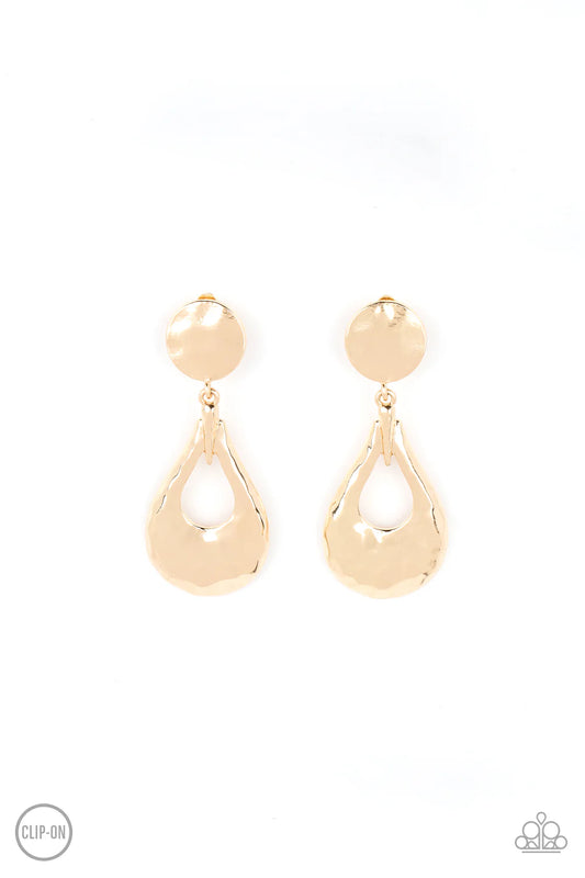 Metallic Magic Gold Hammered Teardrop Clip-On Earring Paparazzi E2061