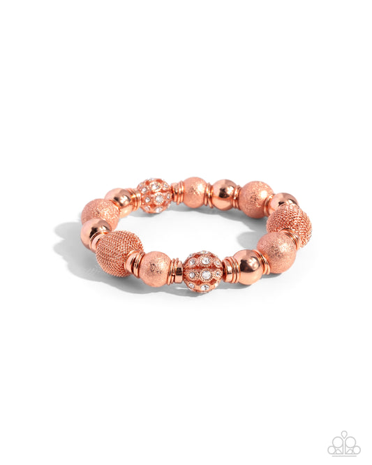 We Totally Mesh - Copper Mesh Bead, White Rhinestone Bead Stretch Bracelet Paparazzi B2236