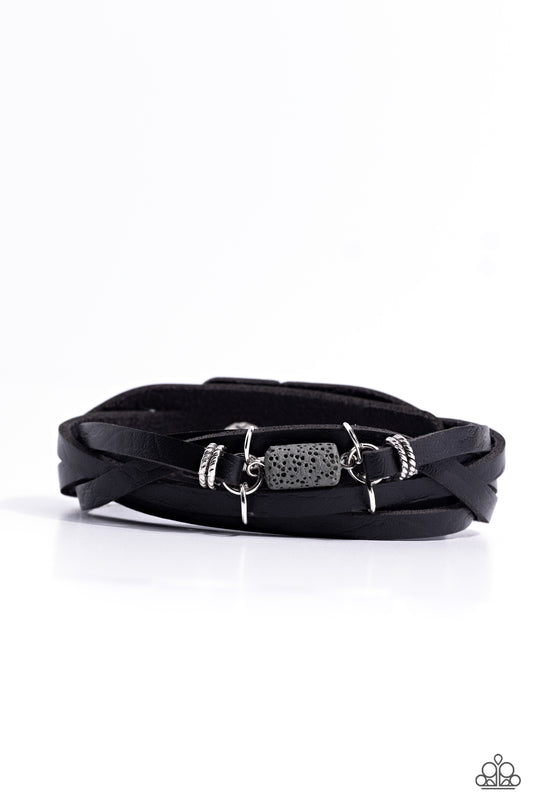 Metamorphic Monument - Black Braided Leather & Gray Lava Rock Urban Snap Bracelet Paparazzi B2081