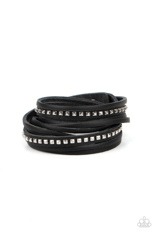 Studded Sensation - Black Leather Wrap Urban Snap Bracelet Paparazzi B2080