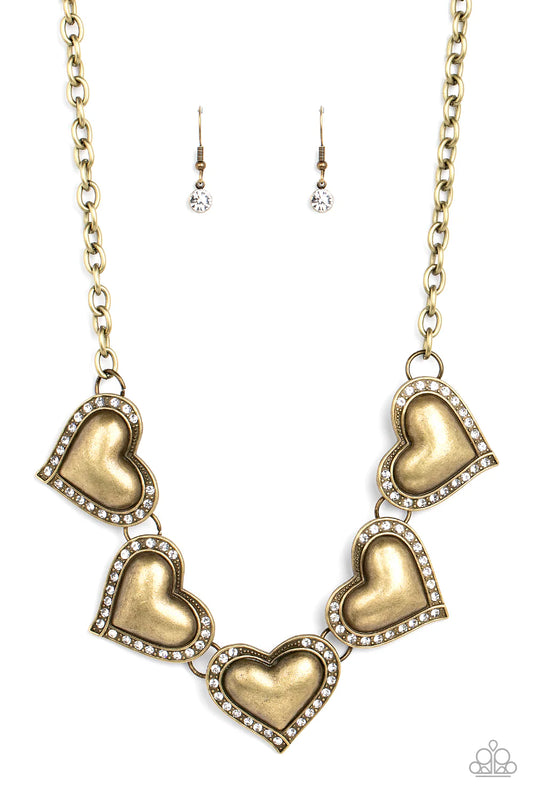 Paparazzi Kindred Hearts - Brass Heart White Rhinestone Necklace N3723