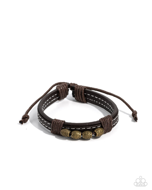 Ancient Archipelago - Brass Bead & Brown Leather Cord Urban Sliding Knot Closure Bracelet Paparazzi B1932