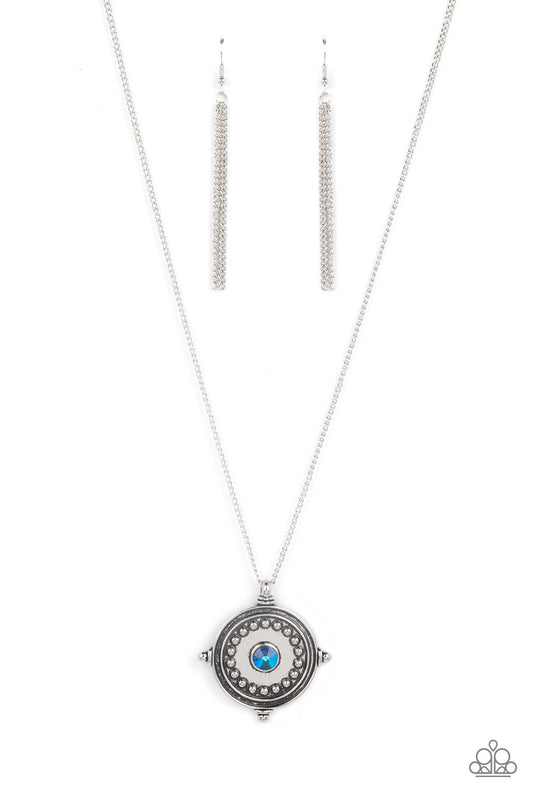 Compass Composure - Blue Rhinestone Silver Compass Style Necklace Paparazzi N2536