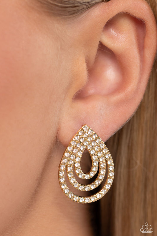 Red Carpet Reverie - Gold & Layers of White Rhinestones Post Earring Paparazzi E1947