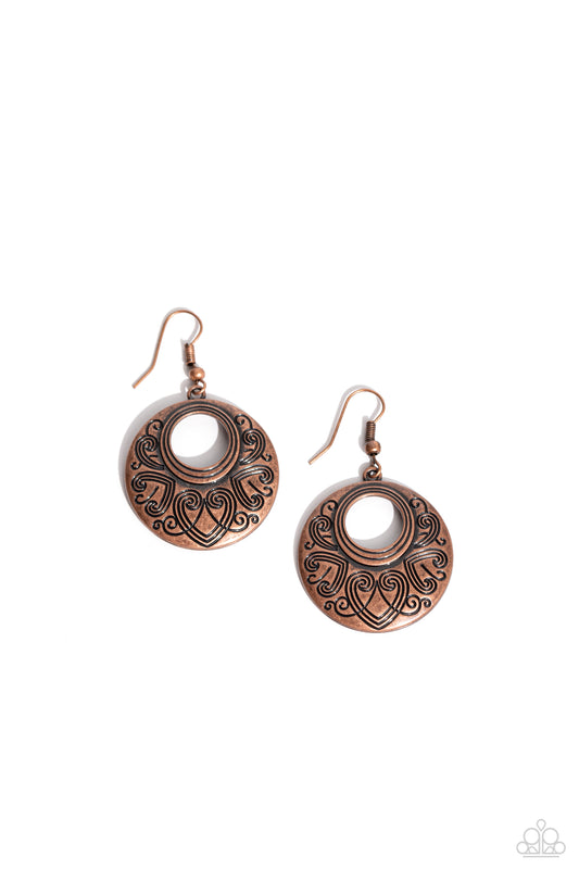 Western Beau - Copper - Antiqued Copper Heart Pattern Earring Paparazzi E2756