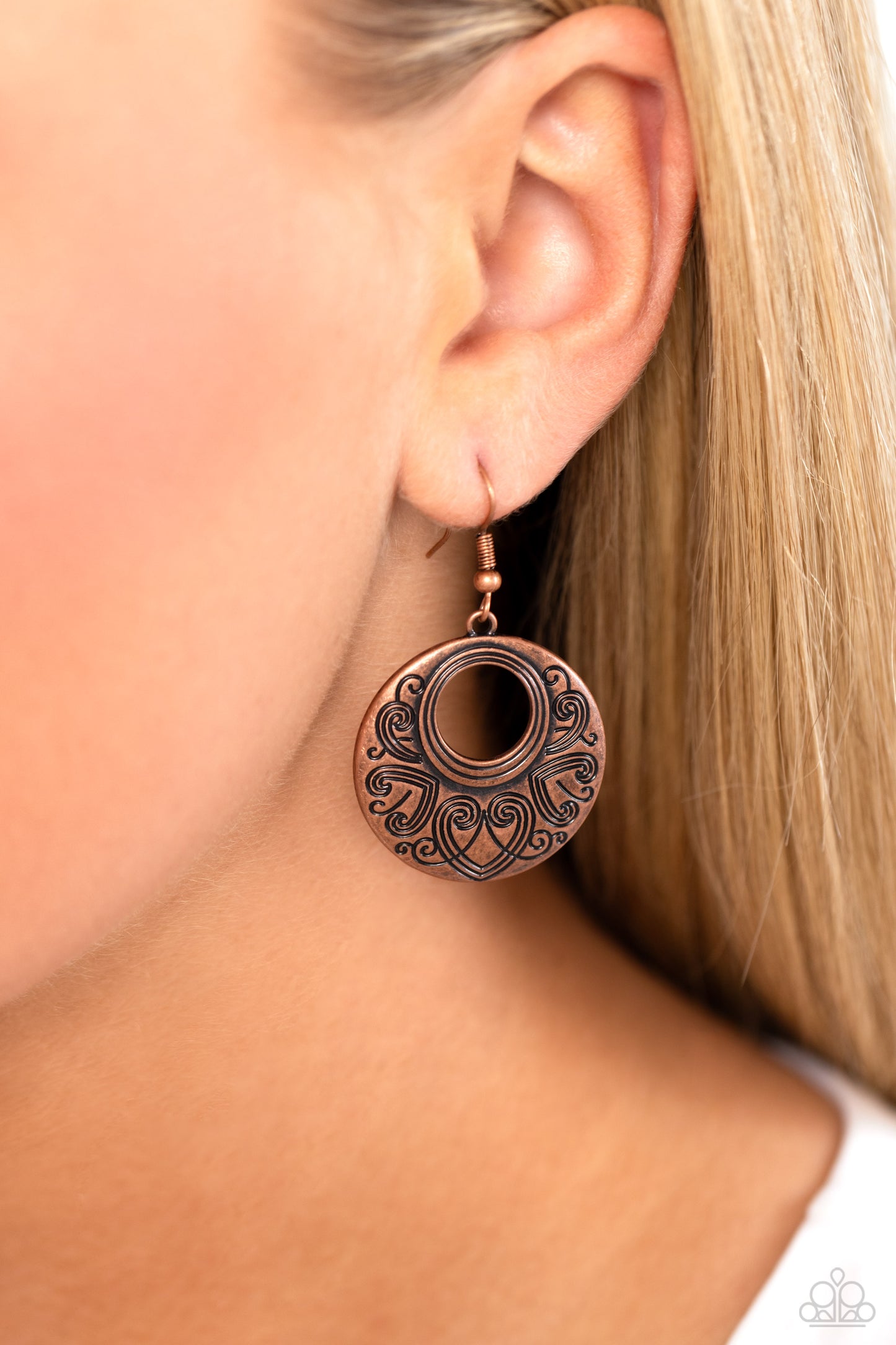 Western Beau - Copper - Antiqued Copper Heart Pattern Earring Paparazzi E2756