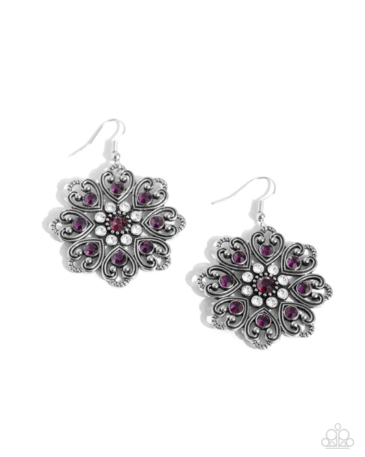 Garden of Love - Purple Rhinestone Heart Shaped Flower Earring Paparazzi E2374