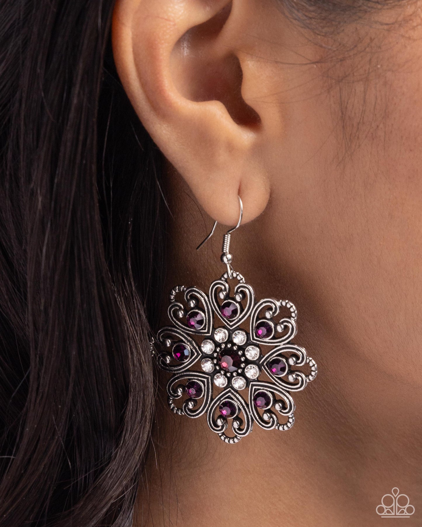 Garden of Love - Purple Rhinestone Heart Shaped Flower Earring Paparazzi E2374