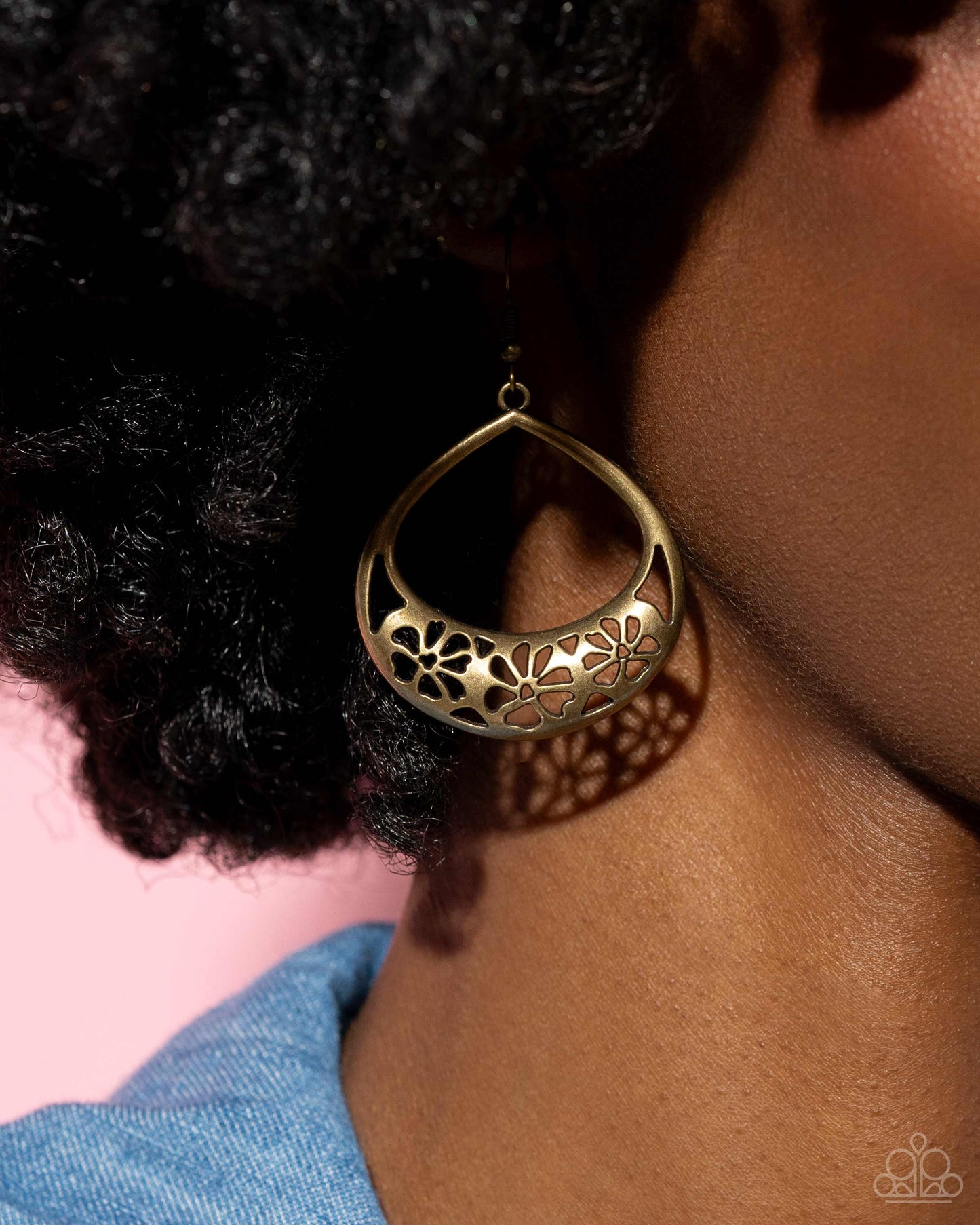 Island Ambrosia - Brass Teardrop Stenciled Flower Earring Paparazzi E2813