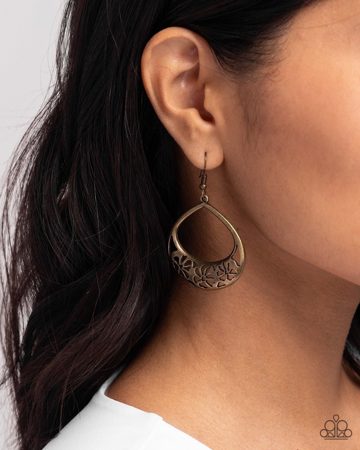 Island Ambrosia - Brass Teardrop Stenciled Flower Earring Paparazzi E2813