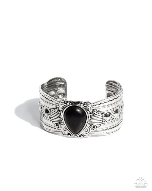 Canyon Cantina - Black Teardrop Stone Silver Cuff Bracelet Paparazzi B2420