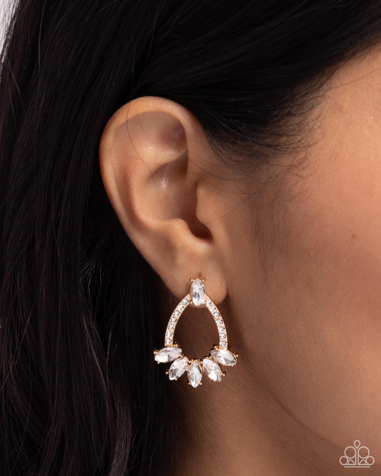 Experience Elegance - Gold Teardrop White Rhinestone Earring Paparazzi E2536