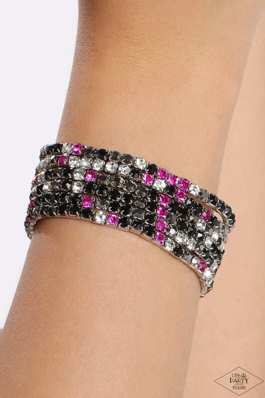 Rock Candy Range - Pink Black White Rhinestone Silver Stretch Bracelet Set - Pink Diamond Exclusive - Paparazzi B2462