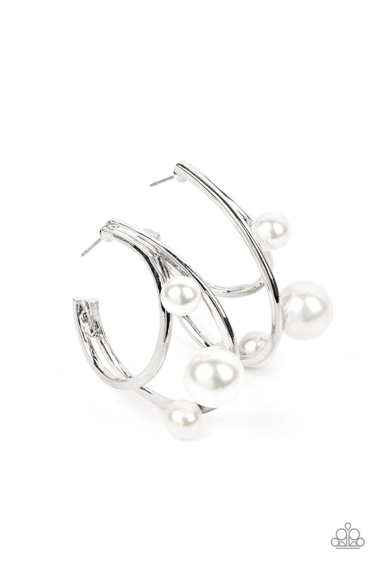 Metro Pier - White Pearl Silver 1 1/2 Inch Hoop Earring Paparazzi E2234