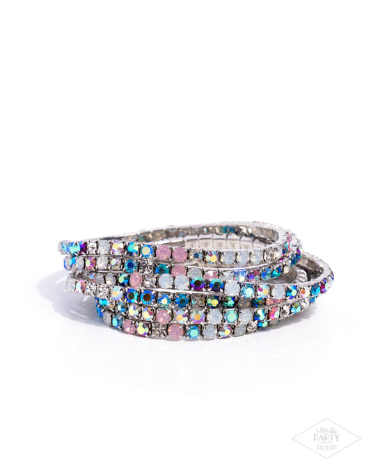 Paparazzi Rock Candy Range - Multi, Opalescent White, Clear, & Iridescent Fuchsia, Baby Pink, Blue Set Of 6 Stretch Bracelets Life Of The Party Black Diamond Encore