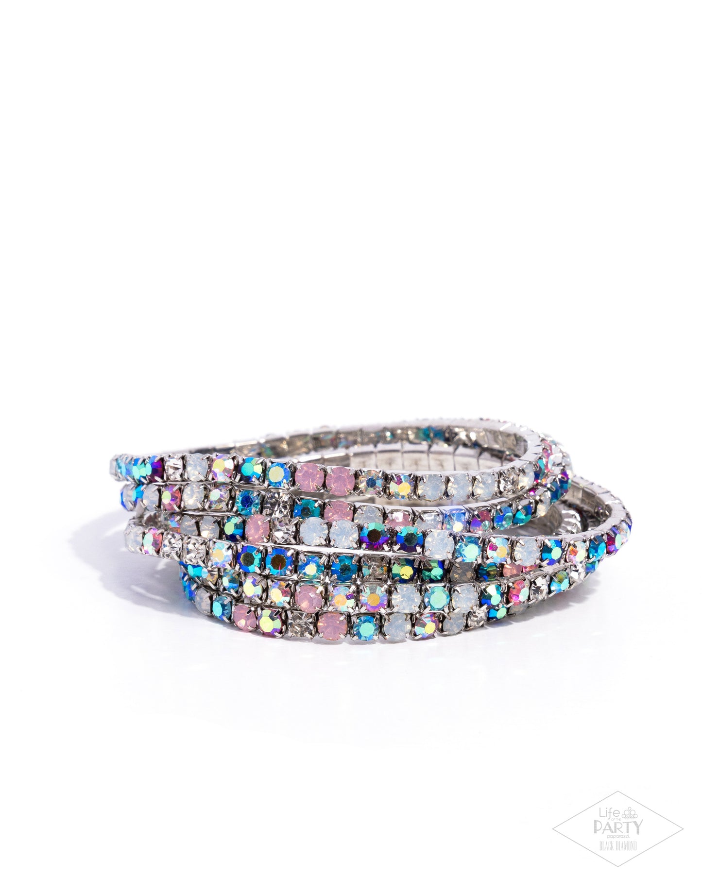 Paparazzi Rock Candy Range - Multi, Opalescent White, Clear, & Iridescent Fuchsia, Baby Pink, Blue Set Of 6 Stretch Bracelets Life Of The Party Black Diamond Encore