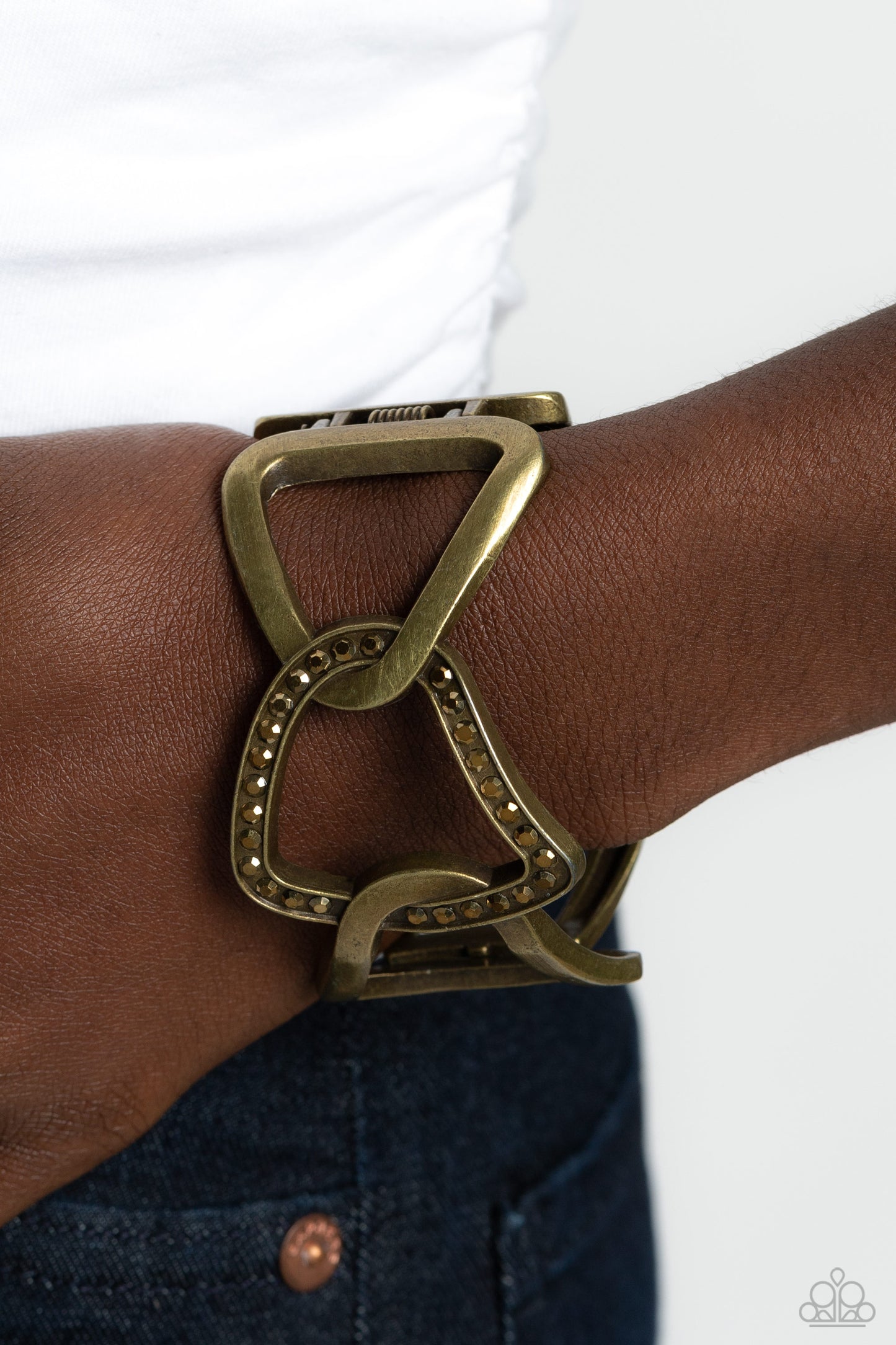 Alternative Attitude - Brass Abstract & Aurum Rhinestone Hinge Bracelet Paparazzi B2198