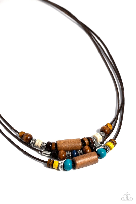 Wish You WOOD - Multicolored Brown, Yellow, Dark Blue & Wooden Bead Urban Necklace Paparazzi N3064