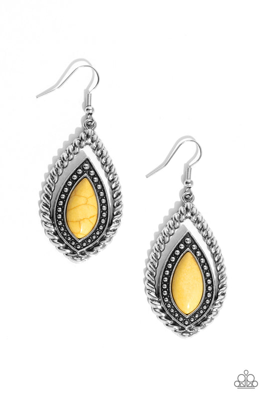 Paparazzi Twisted Trailblazer - Yellow Teardrop Stone Santa Fe Style Earring E2259