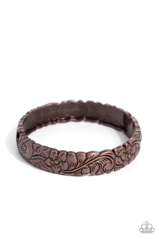 Grounded Grace - Copper Floral Hinge Bracelet Paparazzi B2226
