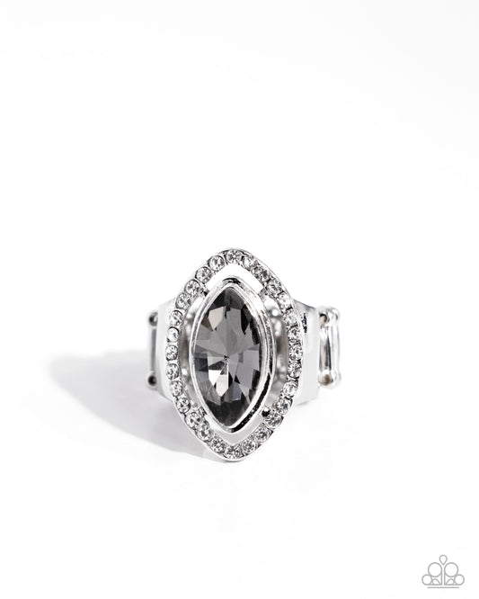 Marquise Majesty - Silver Smoky Gem & White Rhinestone Ring Paparazzi R0854